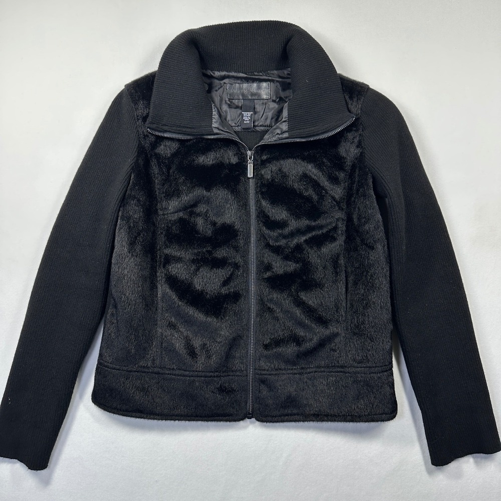 New Jaclyn Smith Jacket M Black Faux Fur Knit Mixed Media Zip Up Chic Mob Wife